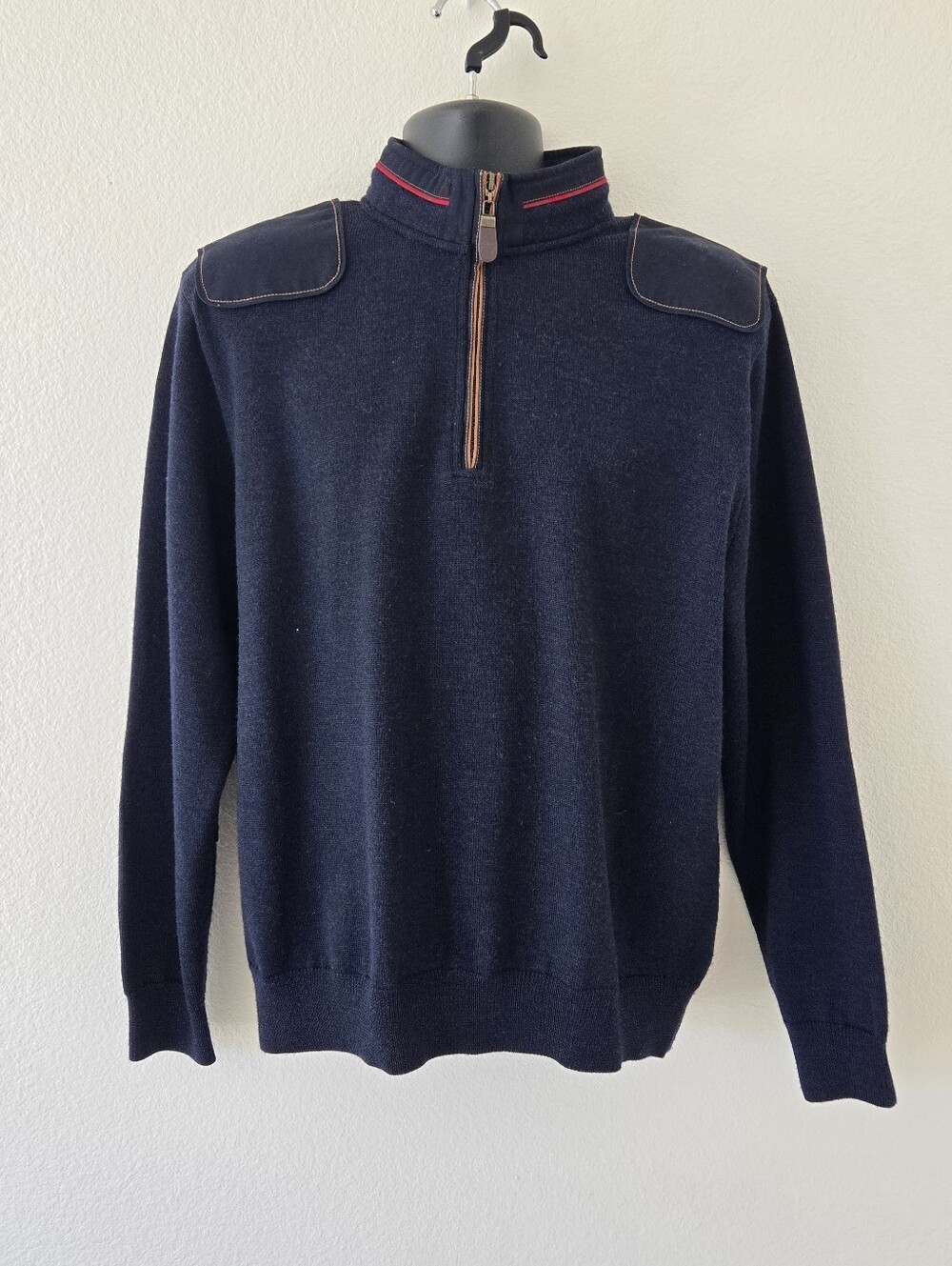 Orvis Mens Medium Navy Blue Wool 1/4‎ Zip Sweater Elbow Patch Shoulder Pullover - Picture 2 of 15